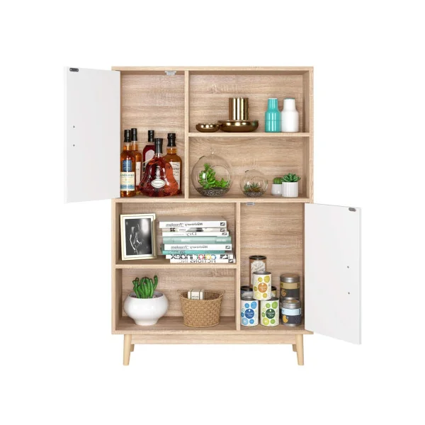 Bibliothèque scandinave multi-rangements chêne et blanc meuble de rangement salon ou bureau
