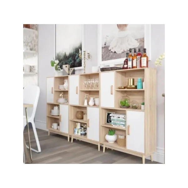 Bibliothèque scandinave multi-rangements chêne et blanc meuble de rangement salon ou bureau