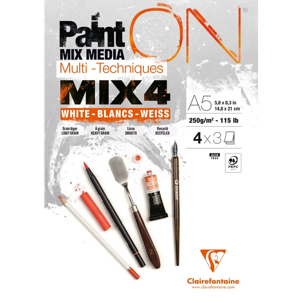 Bloc PaintON 12 feuilles Mix 4 Blancs x3F A5 250g - Clairefontaine