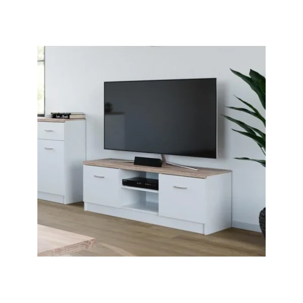 Meuble TV blanc et plateau chêne