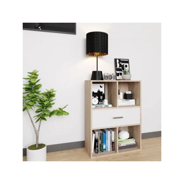 Meuble étagères chêne et blanc