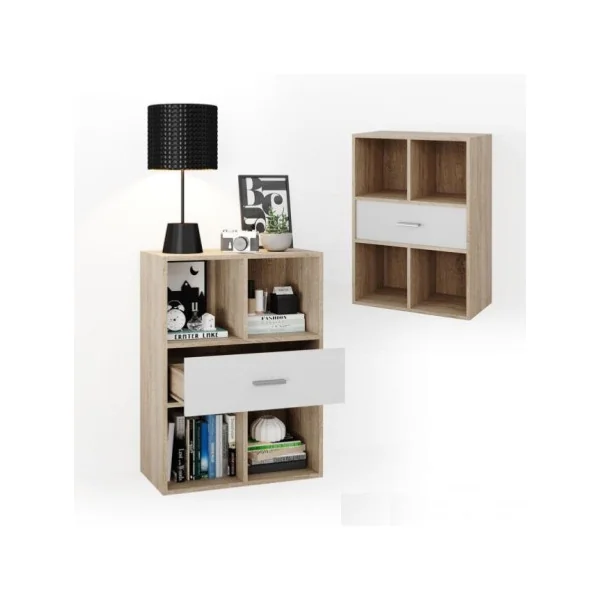 Meuble étagères chêne et blanc