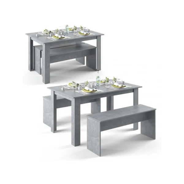 Table + 2 bancs gris béton