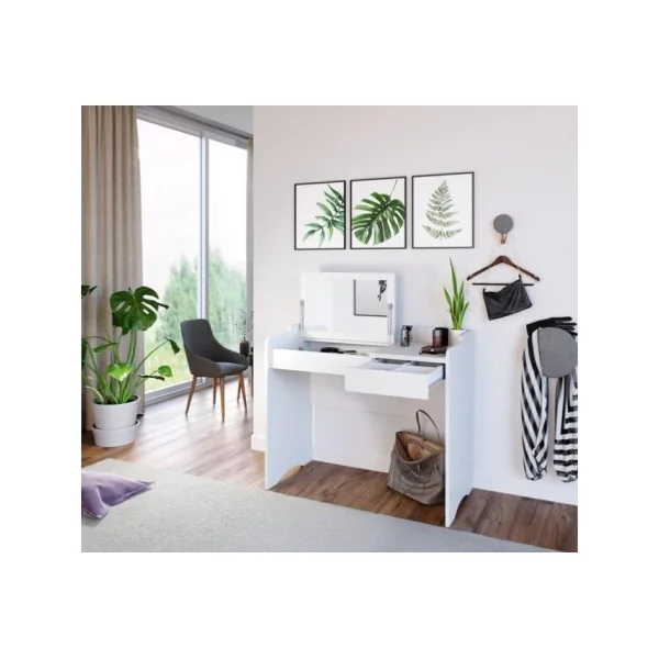 Table cosmétique coiffeuse blanche avec miroir transformable en console